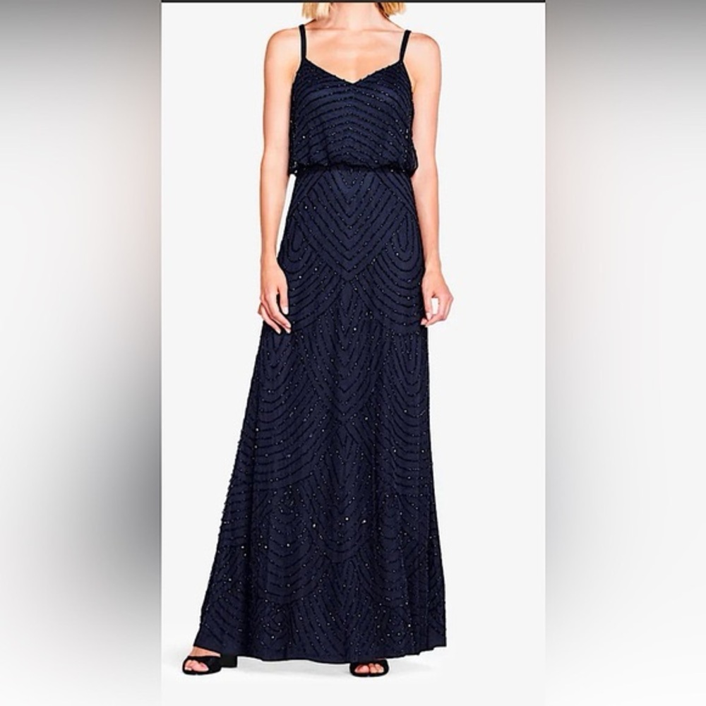 Adrianna Papell Size 8 Navy Blue Beaded Art Deco Blouson Gown With Tags MOB GALA